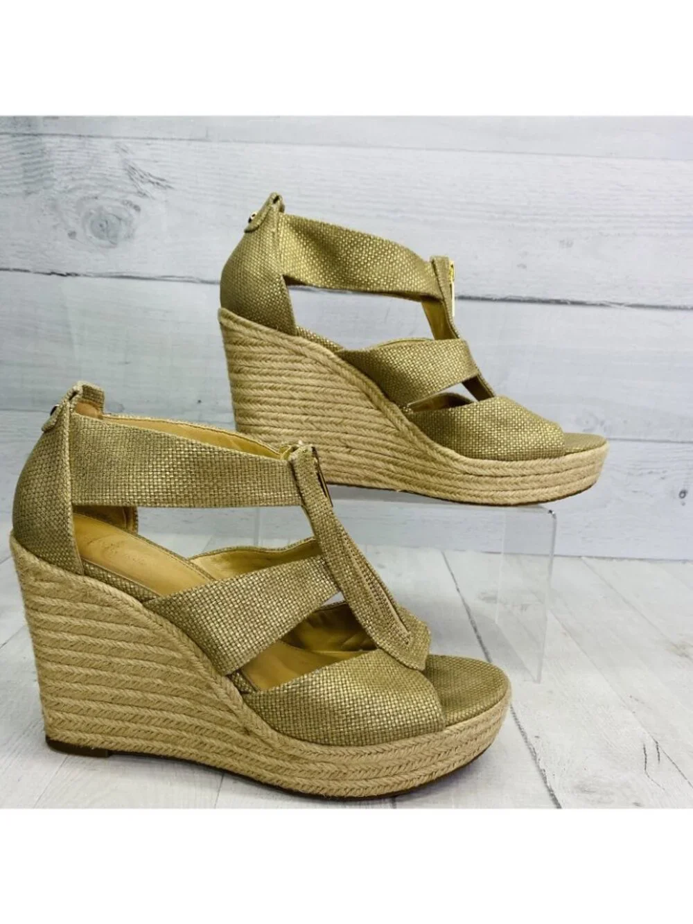 Michael Kors BERKLEY Gold Metallic Canvas Zip Jute Trim Platform Sandal Sz 9.5 M